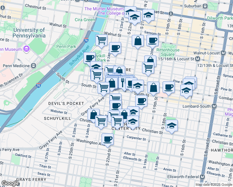 map of restaurants, bars, coffee shops, grocery stores, and more near 2207 Kater Street in Philadelphia