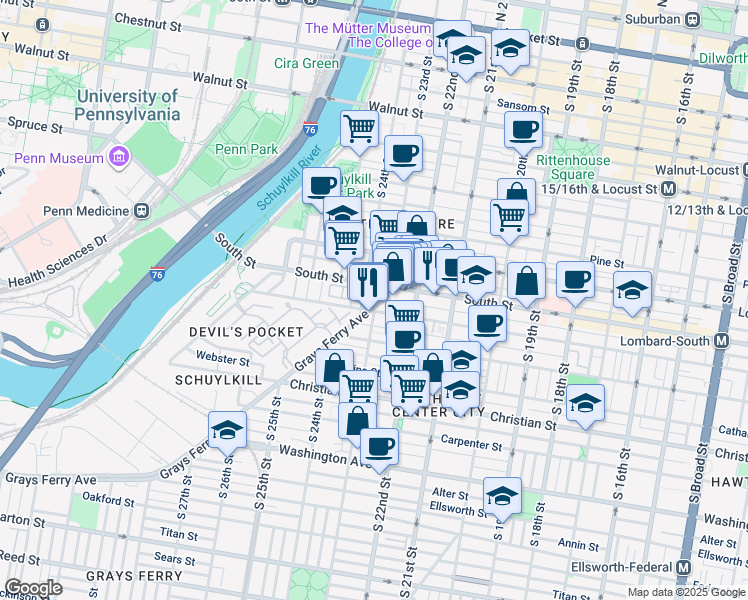 map of restaurants, bars, coffee shops, grocery stores, and more near 2318 Grays Ferry Avenue in Philadelphia