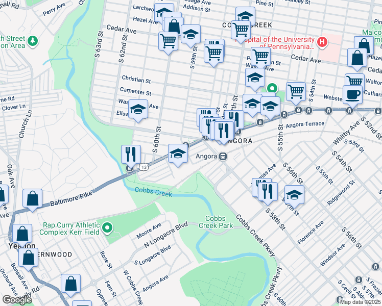 map of restaurants, bars, coffee shops, grocery stores, and more near 5847 Cedarhurst Street in Philadelphia