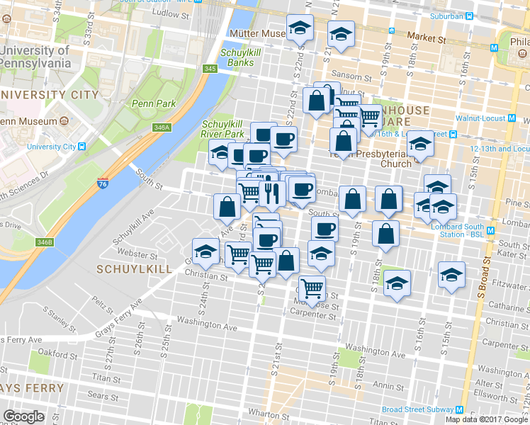 map of restaurants, bars, coffee shops, grocery stores, and more near 2215 Kater Street in Philadelphia