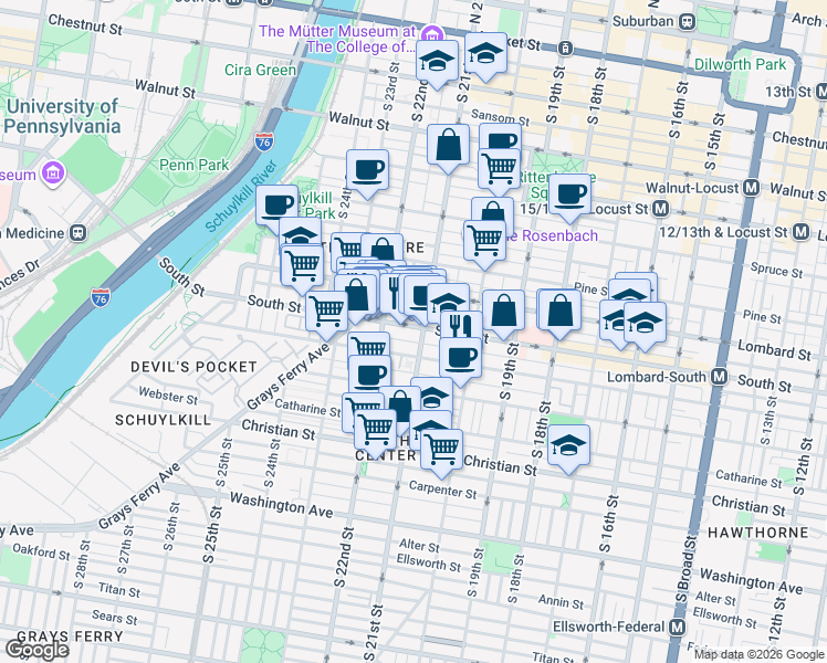 map of restaurants, bars, coffee shops, grocery stores, and more near 2108 South Street in Philadelphia