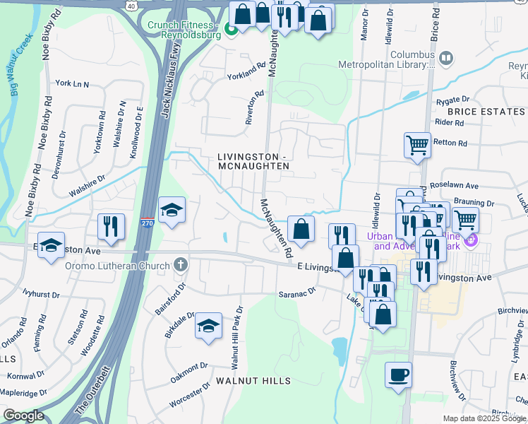 map of restaurants, bars, coffee shops, grocery stores, and more near 1657 McNaughten Road in Columbus