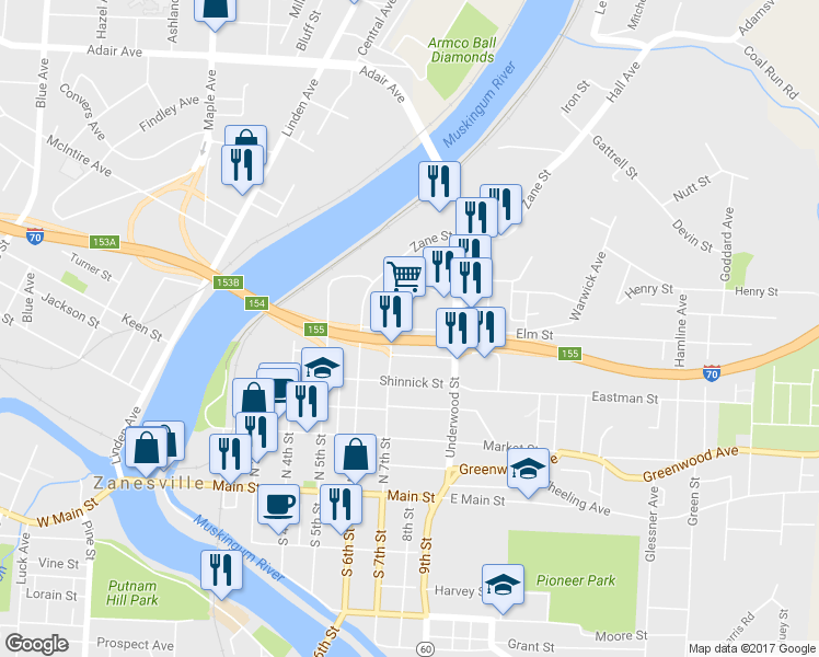 map of restaurants, bars, coffee shops, grocery stores, and more near 7th Street in Zanesville