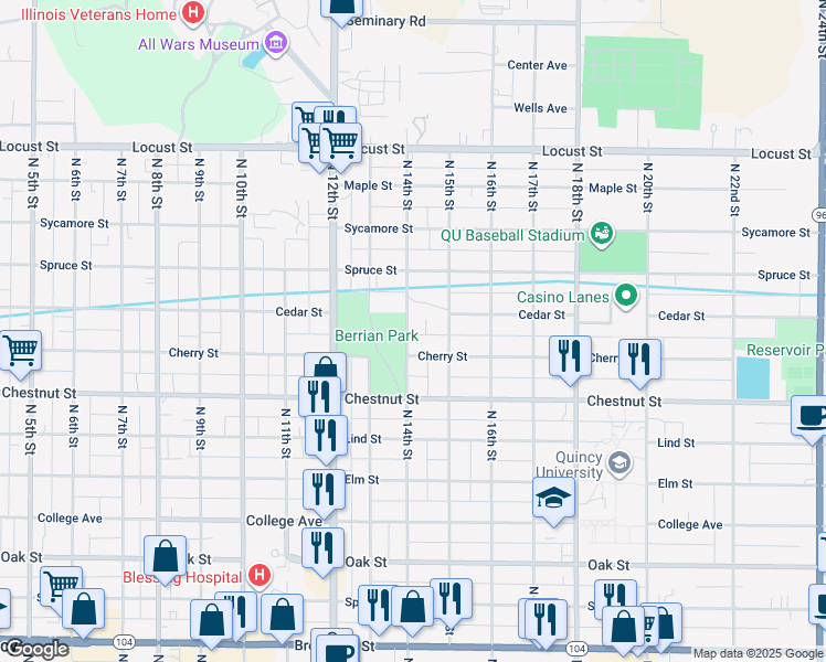 map of restaurants, bars, coffee shops, grocery stores, and more near 1122 North 14th Street in Quincy