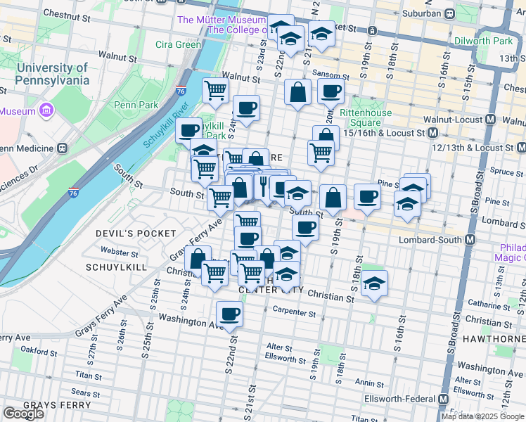 map of restaurants, bars, coffee shops, grocery stores, and more near in Philadelphia