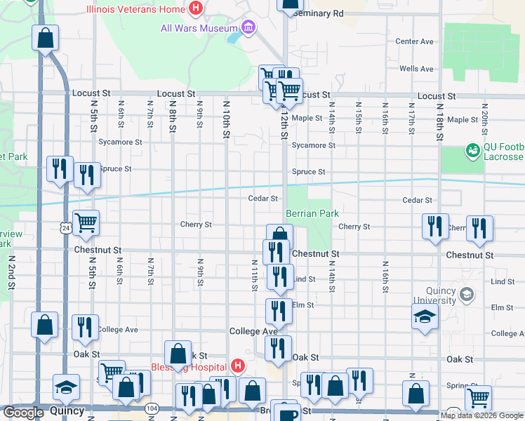 map of restaurants, bars, coffee shops, grocery stores, and more near 1126 N 11th St in Quincy