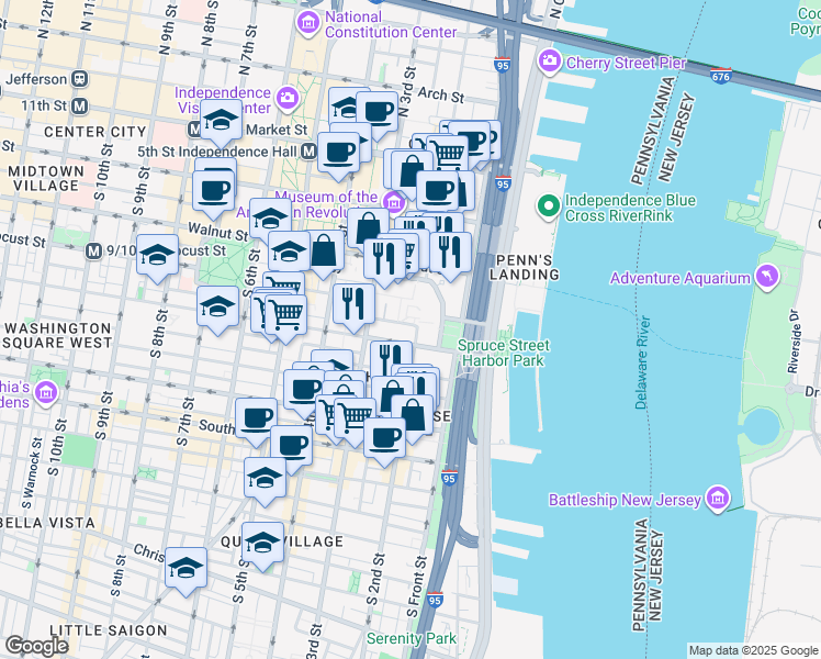 map of restaurants, bars, coffee shops, grocery stores, and more near 210 Locust Street in Philadelphia