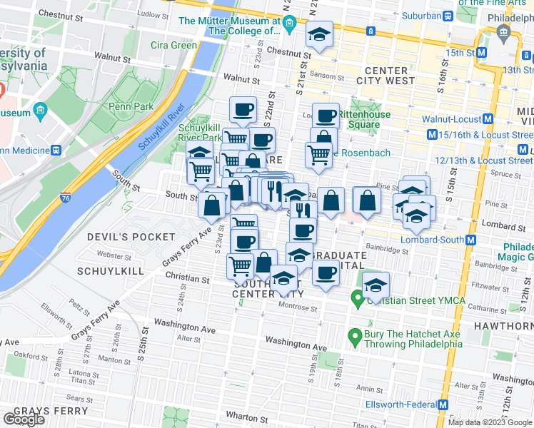 map of restaurants, bars, coffee shops, grocery stores, and more near 2120 South Street in Philadelphia
