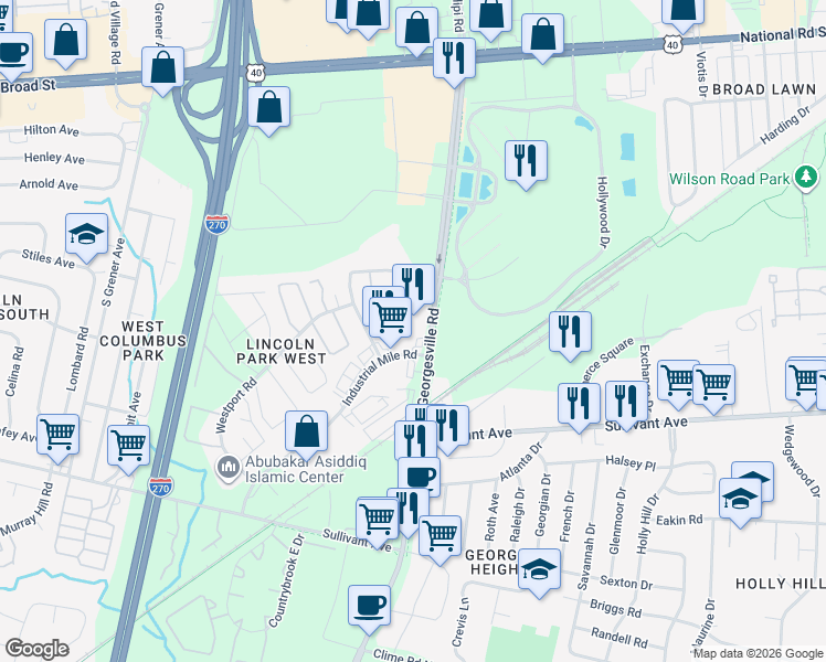 map of restaurants, bars, coffee shops, grocery stores, and more near 385 Georgesville Road in Columbus