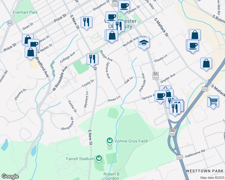 map of restaurants, bars, coffee shops, grocery stores, and more near 824 Spruce Avenue in West Chester