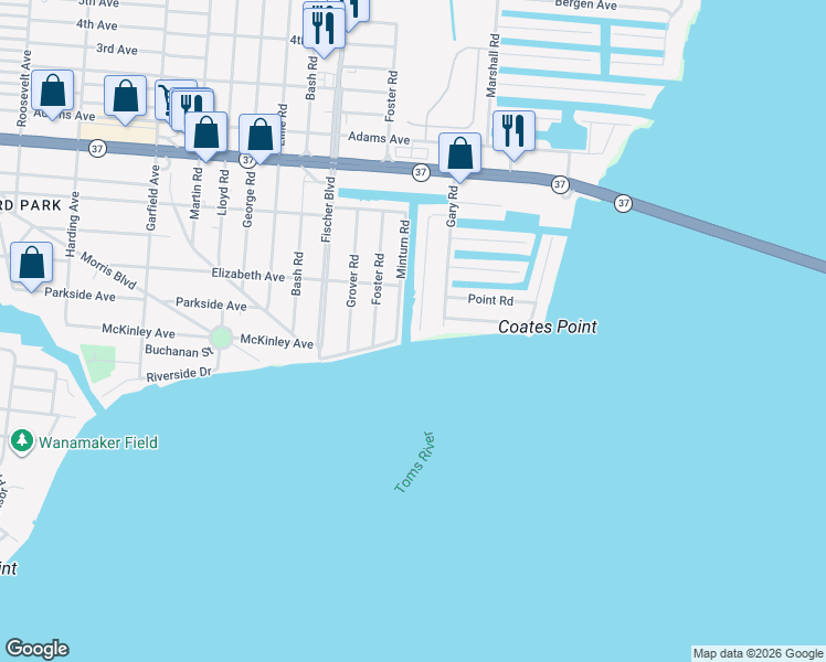map of restaurants, bars, coffee shops, grocery stores, and more near 146 Waldron Road in Toms River
