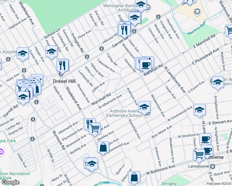 map of restaurants, bars, coffee shops, grocery stores, and more near 122 Marshall Road in Lansdowne