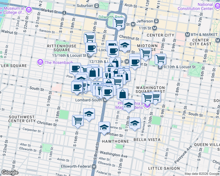 map of restaurants, bars, coffee shops, grocery stores, and more near in Philadelphia
