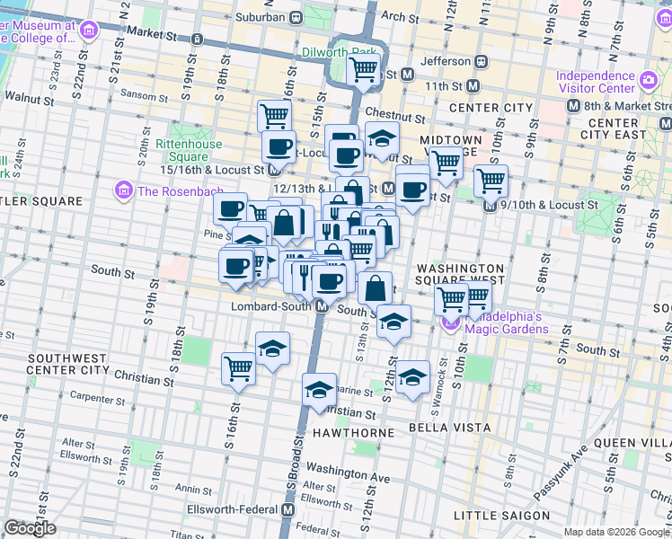 map of restaurants, bars, coffee shops, grocery stores, and more near 415 South Broad Street in Philadelphia