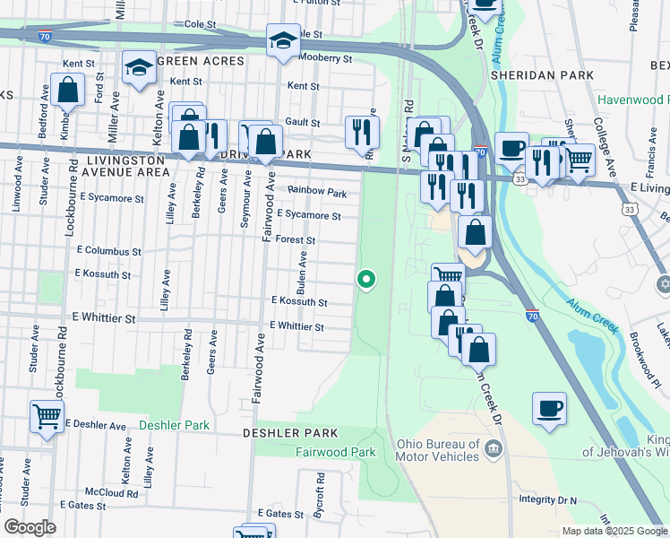 map of restaurants, bars, coffee shops, grocery stores, and more near 1753 East Frankfort Street in Columbus