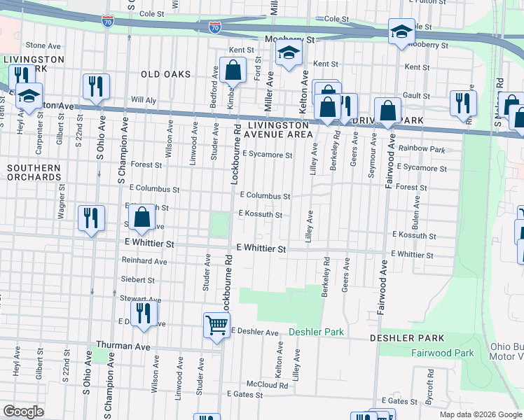 map of restaurants, bars, coffee shops, grocery stores, and more near 1036 Miller Avenue in Columbus
