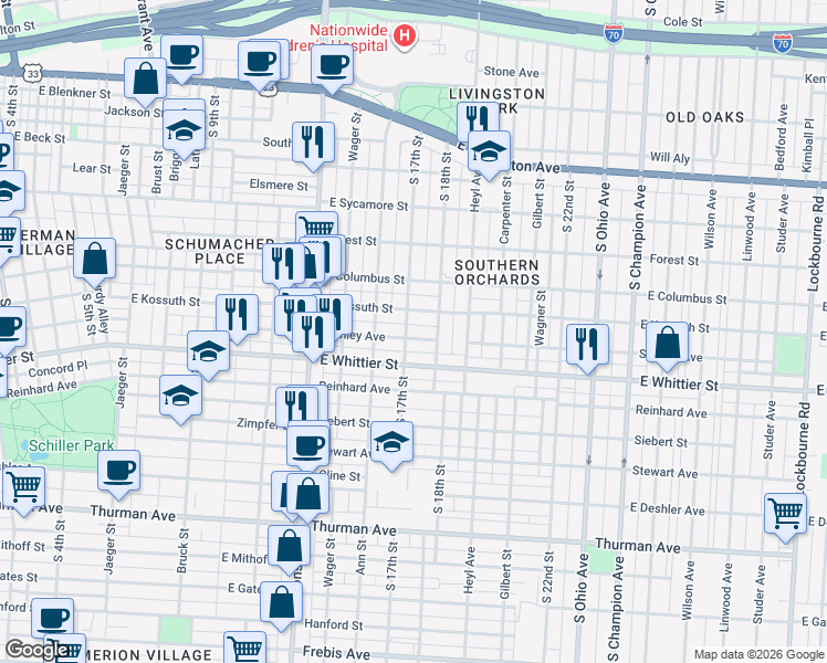 map of restaurants, bars, coffee shops, grocery stores, and more near 690 Stanley Avenue in Columbus