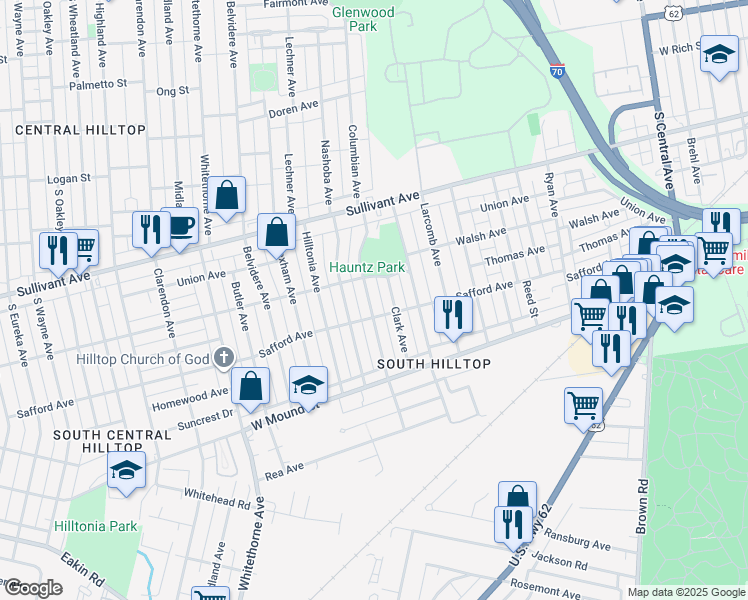 map of restaurants, bars, coffee shops, grocery stores, and more near 544 Columbian Avenue in Columbus