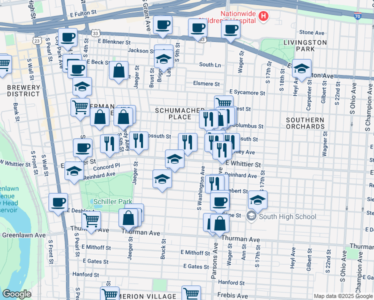 map of restaurants, bars, coffee shops, grocery stores, and more near 898 Beech Street in Columbus