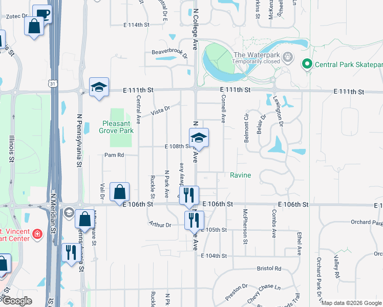 map of restaurants, bars, coffee shops, grocery stores, and more near 10840 North College Avenue in Indianapolis