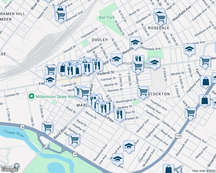 map of restaurants, bars, coffee shops, grocery stores, and more near 2774 Mickle Street in Camden