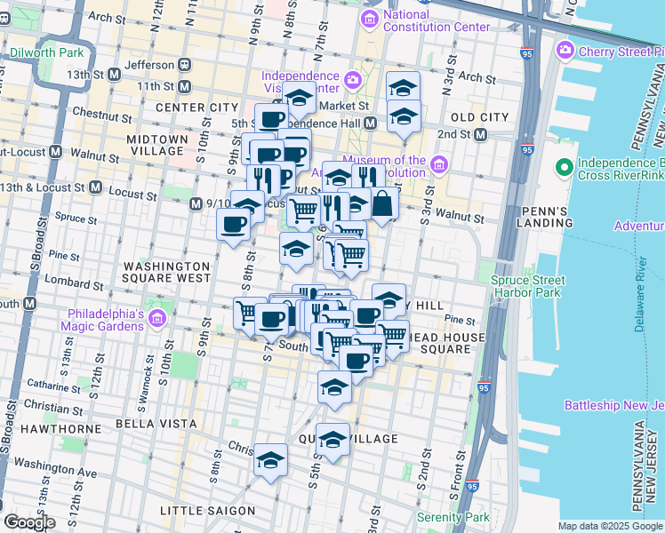 map of restaurants, bars, coffee shops, grocery stores, and more near 532 Spruce Street in Philadelphia