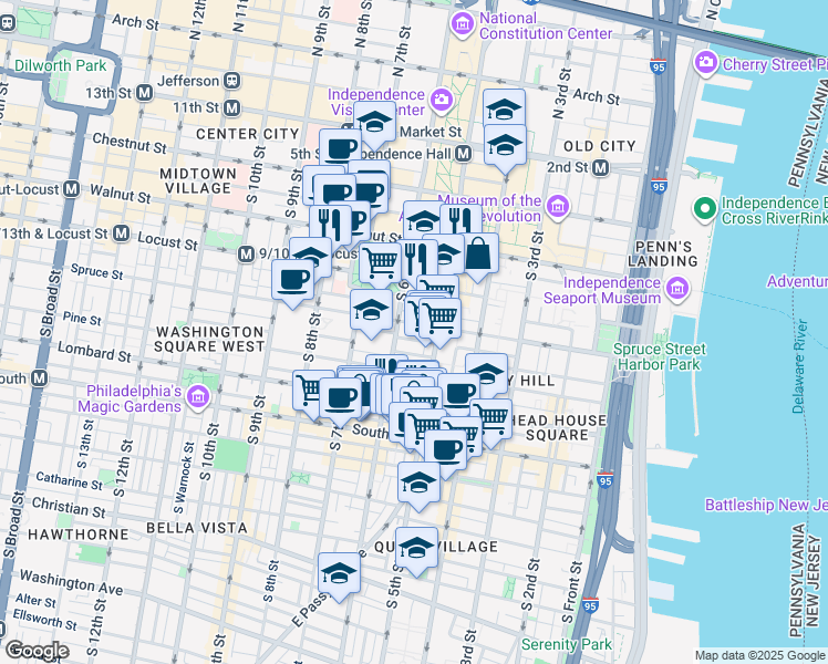 map of restaurants, bars, coffee shops, grocery stores, and more near 311-13 South 6th Street in Philadelphia