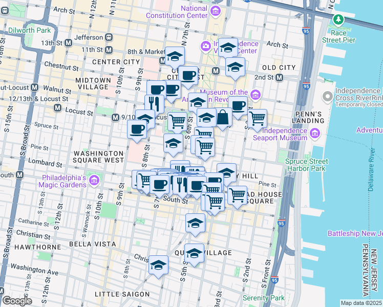 map of restaurants, bars, coffee shops, grocery stores, and more near 311-13 South 6th Street in Philadelphia