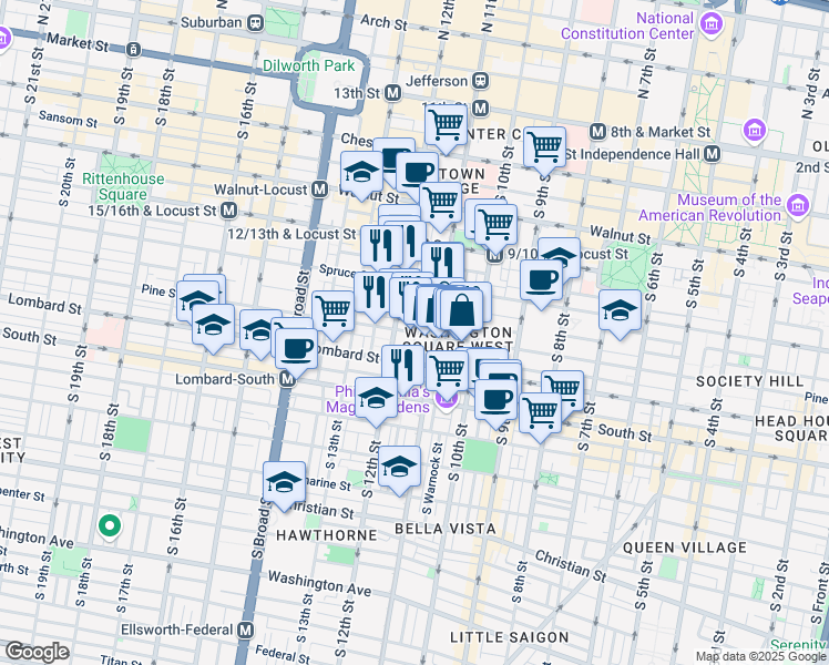map of restaurants, bars, coffee shops, grocery stores, and more near in Philadelphia