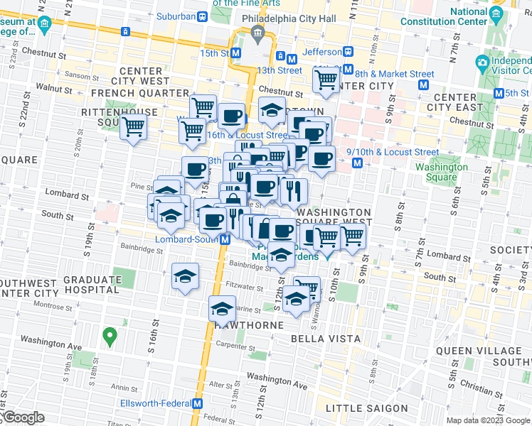 map of restaurants, bars, coffee shops, grocery stores, and more near 1310 Waverly Street in Philadelphia