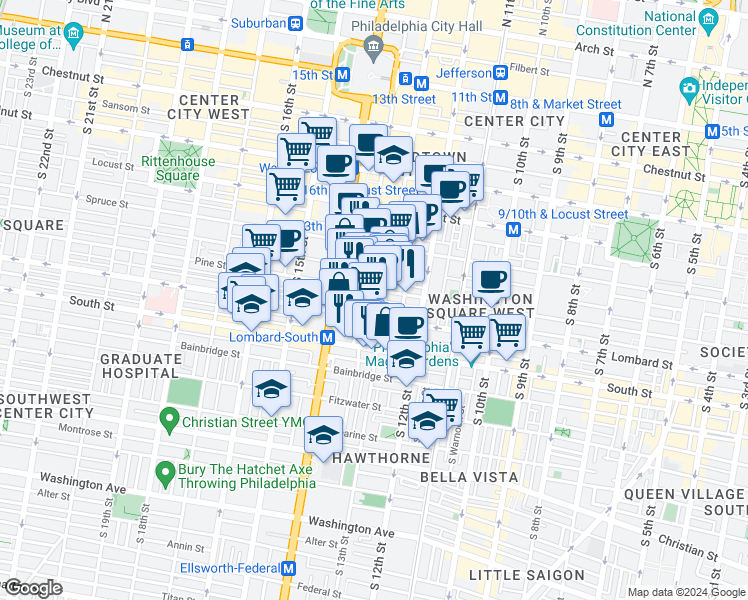 map of restaurants, bars, coffee shops, grocery stores, and more near 1310 Waverly Street in Philadelphia