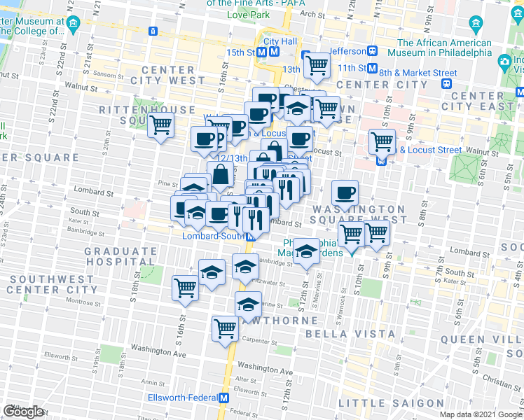 map of restaurants, bars, coffee shops, grocery stores, and more near in Philadelphia