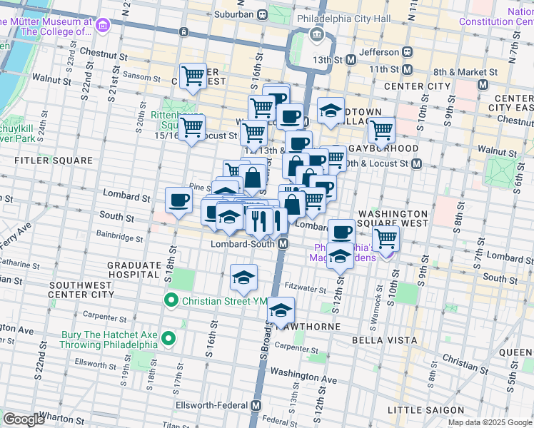 map of restaurants, bars, coffee shops, grocery stores, and more near 1431 Lombard Street in Philadelphia