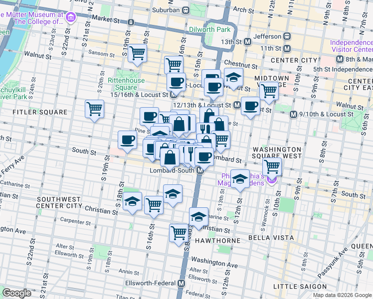 map of restaurants, bars, coffee shops, grocery stores, and more near 1431 Lombard Street in Philadelphia