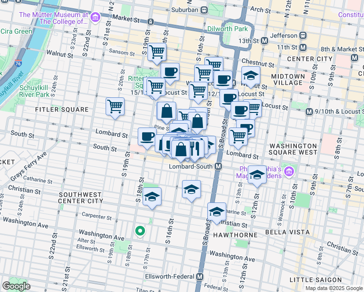 map of restaurants, bars, coffee shops, grocery stores, and more near 1523 Lombard Street in Philadelphia