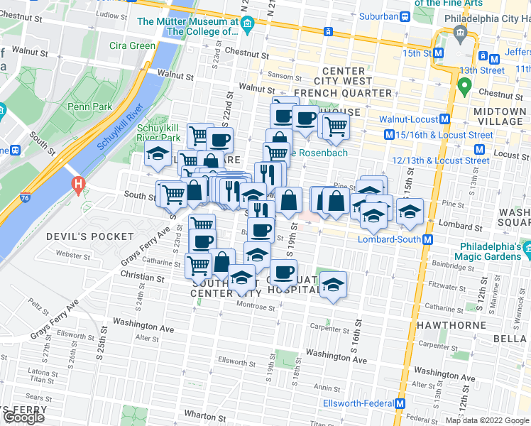 map of restaurants, bars, coffee shops, grocery stores, and more near 2007a South Street in Philadelphia