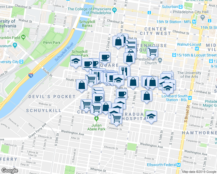 map of restaurants, bars, coffee shops, grocery stores, and more near 2112 South Street in Philadelphia