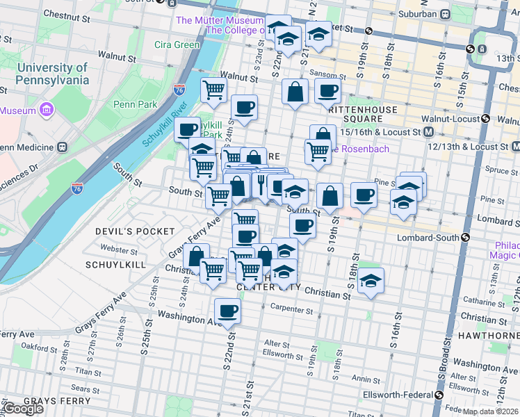 map of restaurants, bars, coffee shops, grocery stores, and more near in Philadelphia