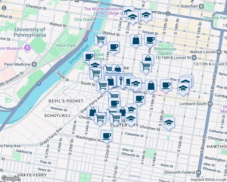 map of restaurants, bars, coffee shops, grocery stores, and more near 2215 Kater Street in Philadelphia