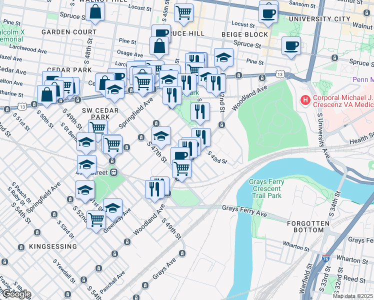 map of restaurants, bars, coffee shops, grocery stores, and more near 1251 South 46th Street in Philadelphia