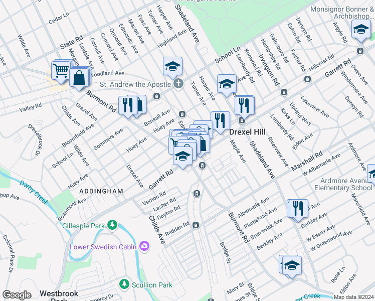 map of restaurants, bars, coffee shops, grocery stores, and more near 3712 Berry Avenue in Drexel Hill
