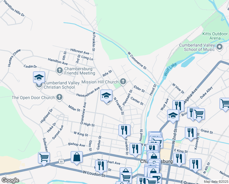 map of restaurants, bars, coffee shops, grocery stores, and more near 476 North Franklin Street in Chambersburg