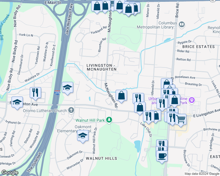 map of restaurants, bars, coffee shops, grocery stores, and more near 1657 McNaughten Road in Columbus