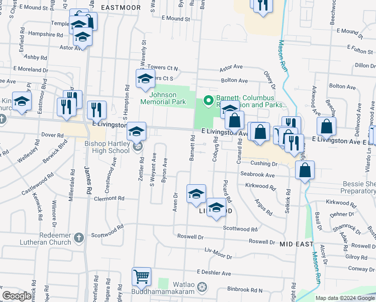 map of restaurants, bars, coffee shops, grocery stores, and more near 1315 Barnett Road in Columbus