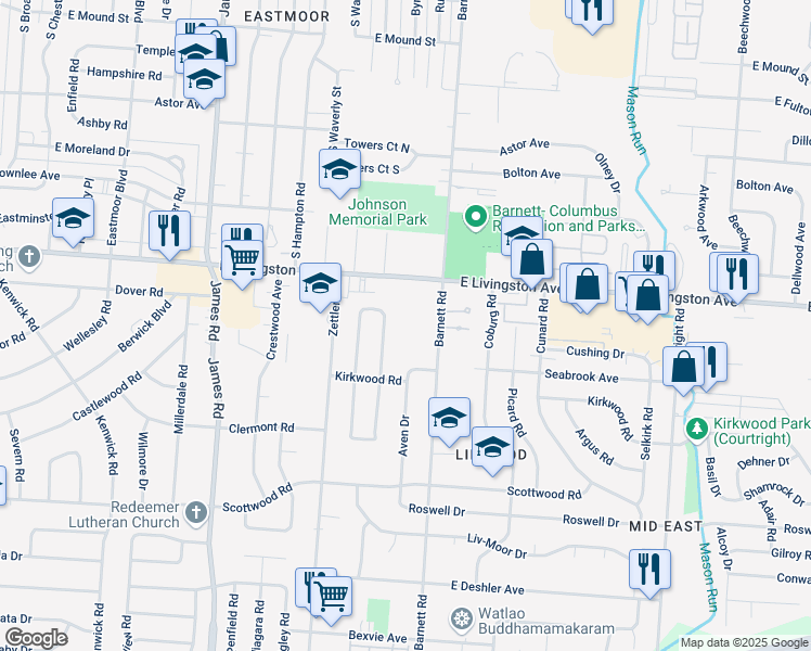 map of restaurants, bars, coffee shops, grocery stores, and more near 3349 East Livingston Avenue in Columbus