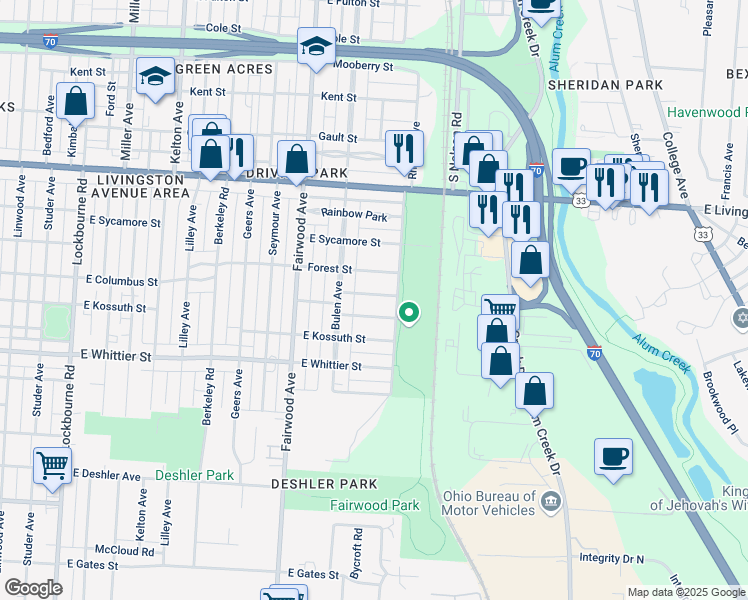 map of restaurants, bars, coffee shops, grocery stores, and more near 1753 East Frankfort Street in Columbus