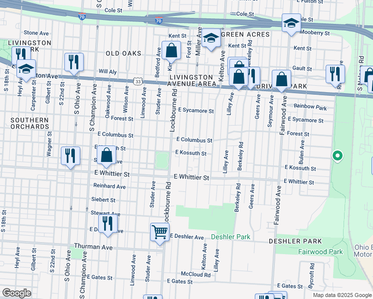 map of restaurants, bars, coffee shops, grocery stores, and more near 1036 Miller Avenue in Columbus