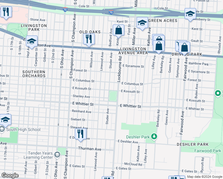 map of restaurants, bars, coffee shops, grocery stores, and more near 1017 Studer Avenue in Columbus