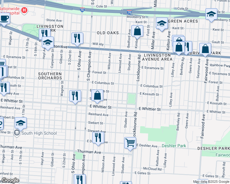 map of restaurants, bars, coffee shops, grocery stores, and more near 1019 Linwood Avenue in Columbus