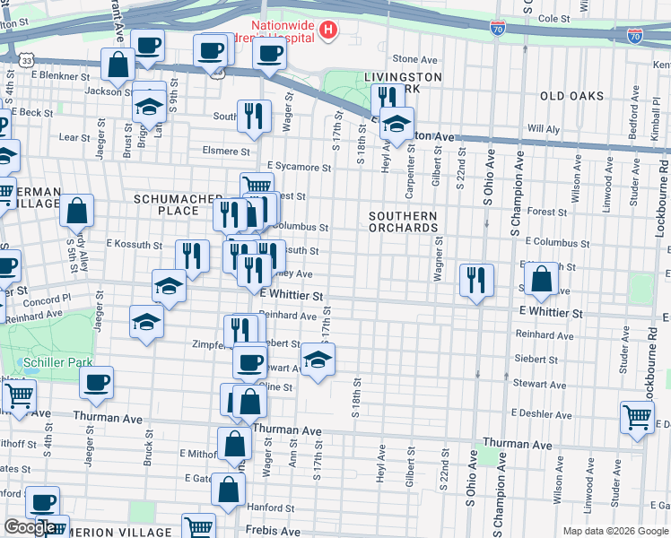 map of restaurants, bars, coffee shops, grocery stores, and more near 690 Stanley Avenue in Columbus